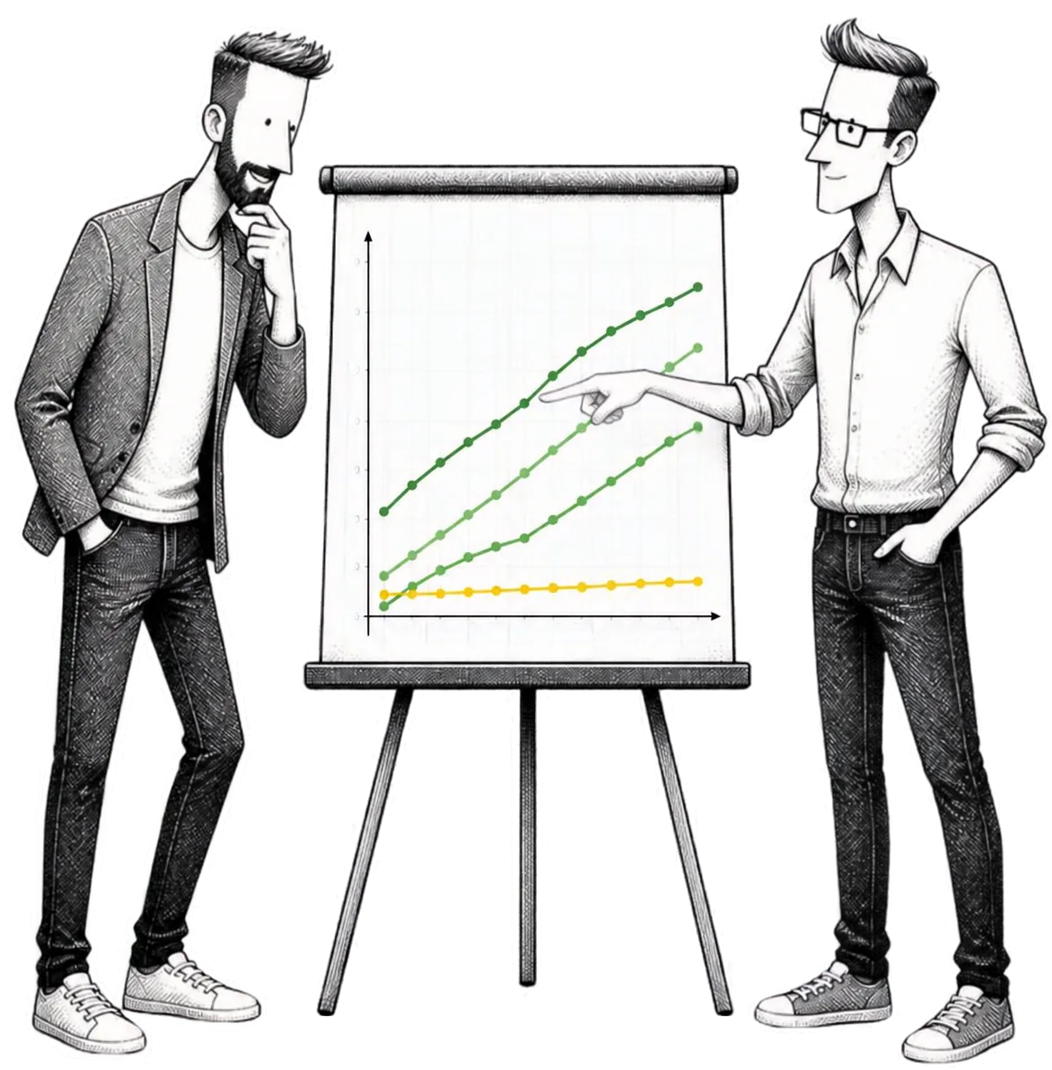 Dos ejecutivos frente a la misma gráfica; uno señala el punto que el otro no había visto